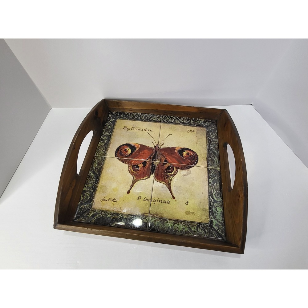 Annie P Fiske Butterfly Tile Wood Serving Tray Papilionidae Vintage Decor 12.5in